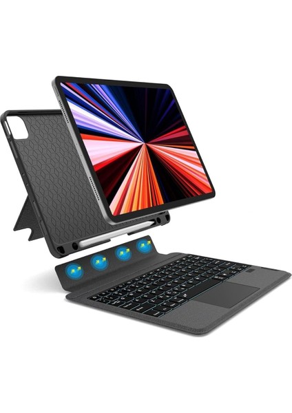 Ipad Air 13inç M3 Çipli 2025 ile Uyumlu Mag Touchpad Blutooth Işıklı Standlı Klavyeli Kılıf