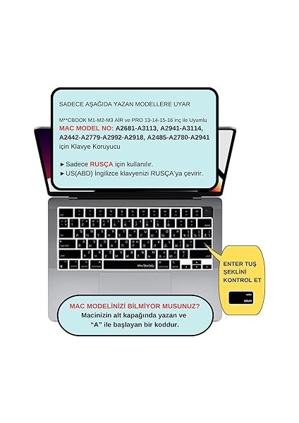 Rusça Klavye Koruyucu Macbook Air-Pro M1-M2-M3 (Touchıd'li) A2681 A3113 A2941 A3114 A2442 A2779 A2992 A2918 A2485 A2780 A2991 Us Enter ile Uyumlu Siyah fiyatları