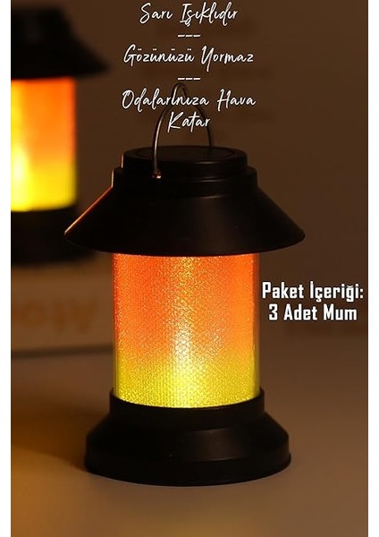 LED Mum Sokak Lambası Tip Kulplu Dumansız Pilli Alevli Dekoratif Yapay Mum Işıldak Siyah 1036-9 modelleri