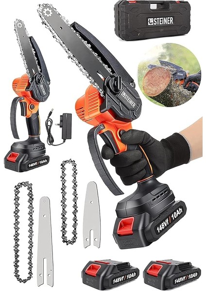 Alman 148 Vf 10 AH%100 Kömürsüz Motor Akülü Dal Kesme Budama Testere Bıçkı Makinesi 15 cm Turuncu