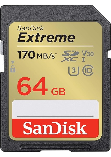 Extreme Sdxc Uhs-I Hafıza Kartı 64 GB (V30, 170 Mb/s Aktarım, U3, 4K UHD Videolar, Sandisk Quickflow Teknolojisi, Su Geçirmez, Darbeye Dayanıklı, Isıya Dayanıklı)