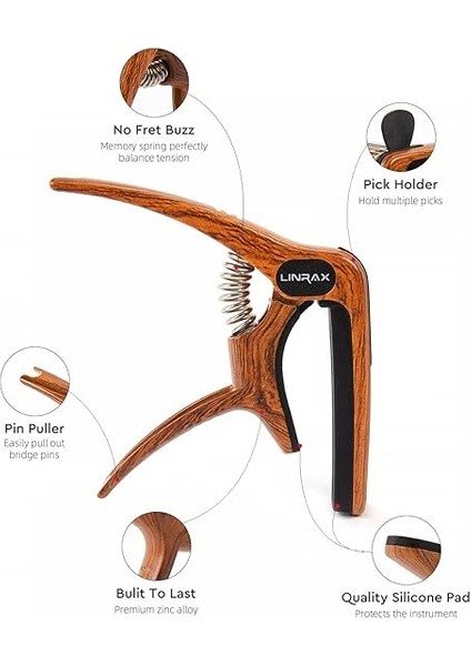 C1 Gitar Kapo - 3'ü 1 Arada Capo, Pena Tutucu ve Köprü Pimi Çekici - Akustik, Elektro, Klasik, Bas, Ukulele, Banjo, Mandolin Için Çinko Alaşım - Ahşap Tahıl Gitar Aksesuarı fiyatları