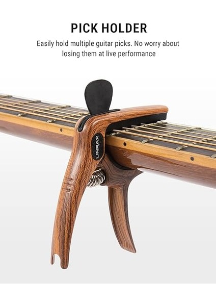 C1 Gitar Kapo - 3'ü 1 Arada Capo, Pena Tutucu ve Köprü Pimi Çekici - Akustik, Elektro, Klasik, Bas, Ukulele, Banjo, Mandolin Için Çinko Alaşım - Ahşap Tahıl Gitar Aksesuarı modelleri