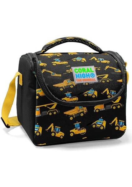 High Siyah Sarı Iş Makinesi Baskılı Okul Beslenme Çantası