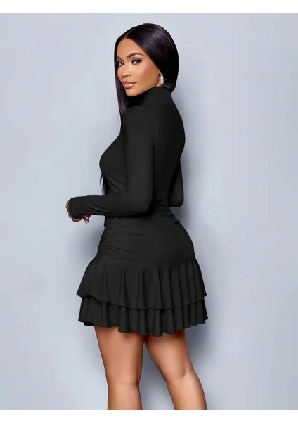 Kadın Uzun Kollu Balıkçı Yaka Mini Fırfırlı Sandy Elbise indirimleri