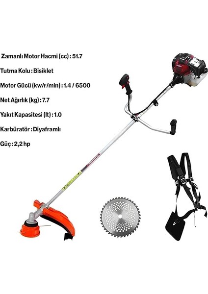 CG520 Benzinli Yan Tırpan Çim Biçme Testeresi 1.4 Kw 51.7 cc Bisiklet Kollu Omuz Askılı Misina fiyatları