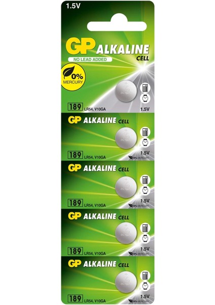 Batteries GP189 LR54/189/V10GA Boy Alkalin Düğme Pil, 1.5 Volt, 5'li Kart
