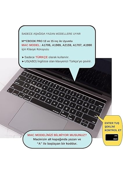 Macbook Pro Klavye Koruyucu (Us To Tr) Touchbarlı 13INÇ A1706 A1989 A2159-15INÇ A1707 A1990 ile Uyumlu Siyah fiyatları