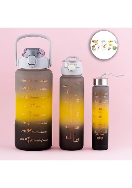11918 3 Lü Motivasyon Stickerlı Kokusuz Spor Su Matarası - Su Şişesi - Renkli Suluk Gri Sarı