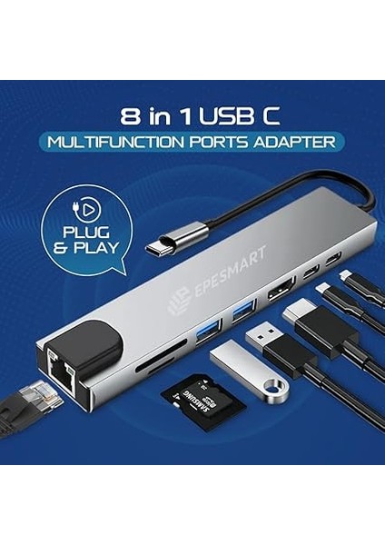 8 Portları 1 Arada USB C Hub Adaptörü, 4K Hdmı, Şarj Cihazı, USB C Bağlantı Noktaları, Sd/micro Sd Kart Okuyucular, Ethernet Bağlantı Noktası, M1 ve M2 Mac Bilgisayarlar Için, Thunderbolt 3 fiyatları