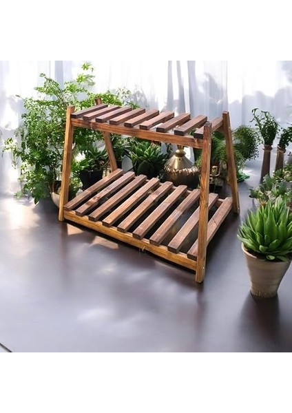 Katlı Ahşap Çiçeklik Saksılık 2 Raflı Masif Koyu Naturel fiyatları