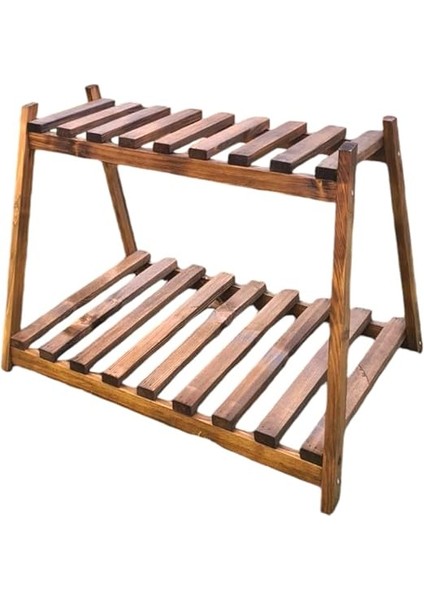 Katlı Ahşap Çiçeklik Saksılık 2 Raflı Masif Koyu Naturel modelleri