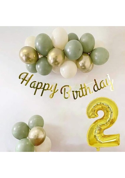 Gitti 2 Yaş Küf Yeşili, Deniz Kumu ve Krom Gold Balonlu Konsept Doğum Günü Seti