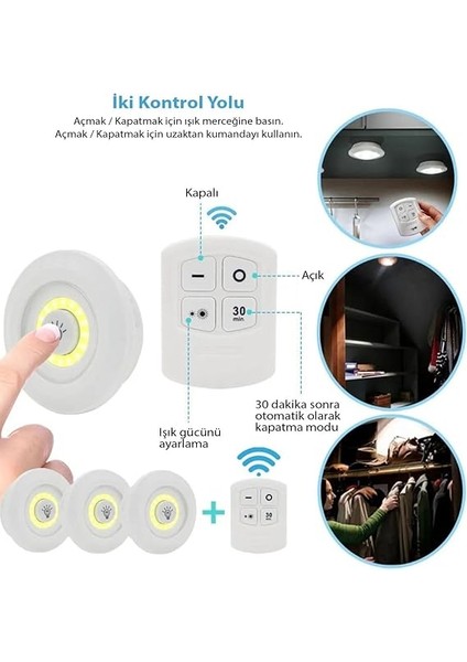 LED Işık Kablosuz Uzaktan Kumandalı Dolap Içi LED Ampul Seti 3lü Set Gece Lambası Spot Lamba modelleri