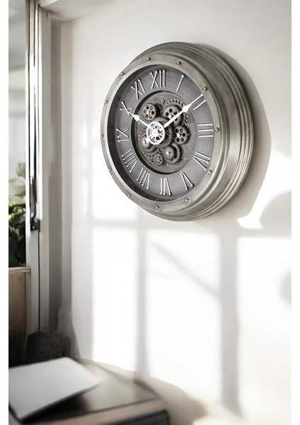 Mark Premium Serisi Antik Eskitme Kadranlı Döner Çarklı Ev ve Ofis Duvar Saati Kabartma Roma Rakamlı 40 cm Gri modelleri