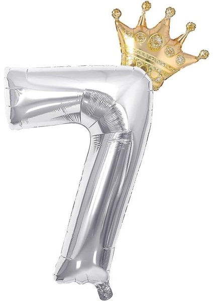 Gitti Gümüş 7 Rakam ve Gold Kral Tacı Folyo Balon Doğum Günü Parti Kutlama Seti