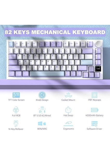 AK820PRO 75% Tkl Mekanik Oyun Klavyesi,2.4g Kablosuz/bt5.1/usb-C Kablolu,tft Renkli Ekran ve Cnc Düğmeli 81 Tuş,rgb Aydınlatma-Mor Beyaz fiyatları