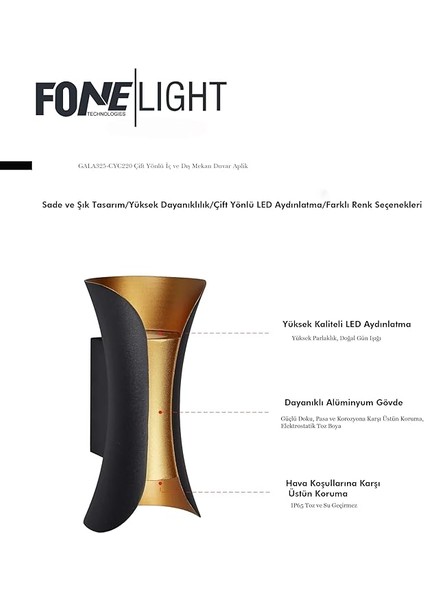 Technologies Çift Yönlü Iç ve Dış Mekan Aplik - Modern Bahçe Aplik - Alüminyum Duvar Aydınlatma Armatürü - Paslanmaz Toz ve Su Geçirmez Dekoratif LED Aplik (Gold - Siyah) indirimleri