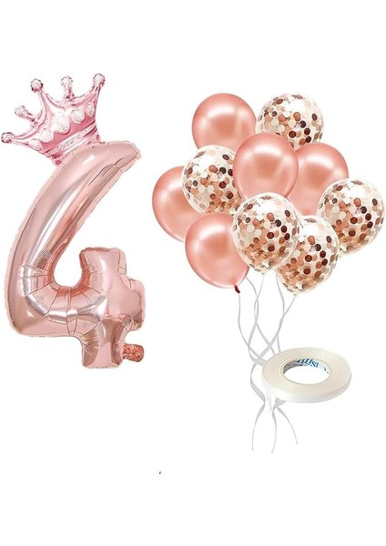 Rakam Rose Gold Folyo Balon, Kral Tacı ve Konfetili Rose Gold Balon