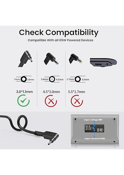 Swift 3 SF314-51 SF314-52 SF314-52 SF314-52G Swift Için 65W Şarj 1 SF114-31 SF114-32 Acer W15 045N4B PA-1450-26 A13-045N2A Acer Chromebook C720 C740 Cb3 C810 Cb5 Güç Adaptörü. (3,0 x 1,1 Mm) indirimleri