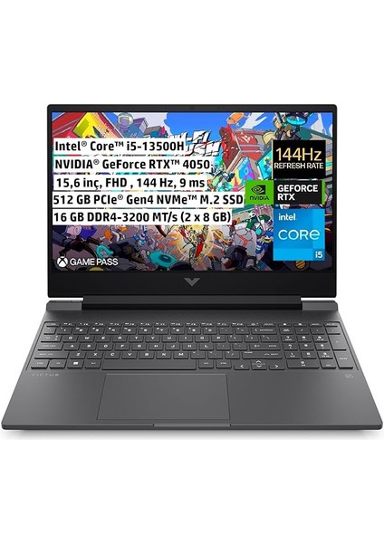 Victus Gaming Dizüstü Bilgisayar, 15,6 Inç Fhd IPS 144 Hz 9 Ms, Intel Core I5-13500H, 16 GB Ram, Nvıdıa Geforce Rtx 4050 6 Gb, 512 GB Ssd, Freedos, Mika Gümüş, 7N9V3EA