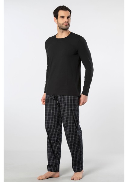 Erkek Poplin O Yaka Uzun Kollu Pijama Takım 2239/SIYAH 2
