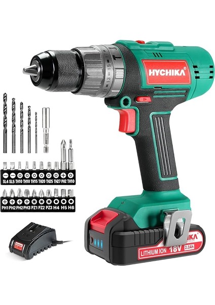 Akülü Tornavida 18 V, 45 Nm Maksimum Matkap, 2 x 2,0 Ah Akü ve 53 Parça Aksesuar Seti, 21 + 3 Kademe, Delme, Vidalama, Darbeli Vidalar Için 2 Kademeli Matkap