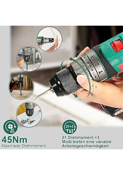 Akülü Tornavida 18 V, 45 Nm Maksimum Matkap, 2 x 2,0 Ah Akü ve 53 Parça Aksesuar Seti, 21 + 3 Kademe, Delme, Vidalama, Darbeli Vidalar Için 2 Kademeli Matkap modelleri