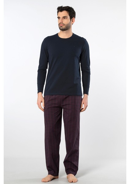 Erkek Poplin O Yaka Uzun Kollu Pijama Takım 2239/BORDO 1