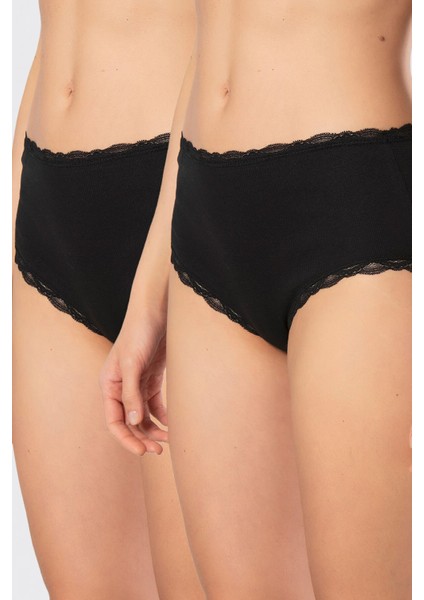 Kadın Likralı Ribana Dantelli Yüksel Bel Külot 2'li Paket 929/SIYAH