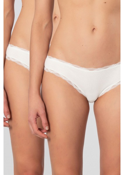 Kadın Likralı Ribana Dantelli Bikini Külot 2'li Paket 928/EKRU