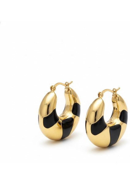 Çelik Kalın Halka Küpe Siyah Altın Rengi Kararmaz Takı