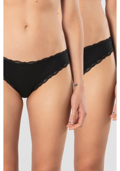 Kadın Likralı Ribana Dantelli Bikini Külot 2'li Paket 928/SIYAH