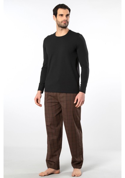 Erkek Poplin O Yaka Uzun Kollu Pijama Takım 2239/KAHVE 1