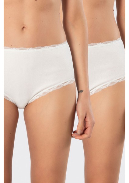 Kadın Likralı Ribana Dantelli Yüksel Bel Külot 2'li Paket