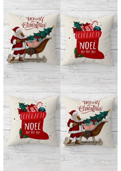 Kırmızı Noel Yılbaşı Fermuarlı Kırlent Kılıfı Takım (4 Adet)