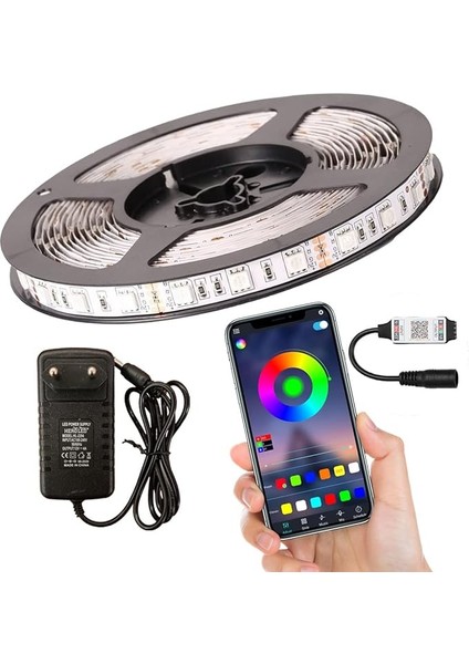 Şerit LED Set Tak Çalıştır Bluetoothlu ve Müziğe Duyarlı 5050 3 Çipli Iç Mekan Silikonsuz (5 Metre)
