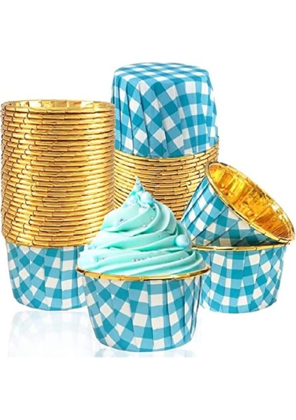 25LI Muffin Kalıbı - Cupcake Kalıpları, Su Geçirmez ve Yağ Geçirmez Pişirme Kağıtları, Ev Veya Parti Için Alüminyum Folyo Pişirme Kek Kapları -Kare Desenli Mavi-Altın