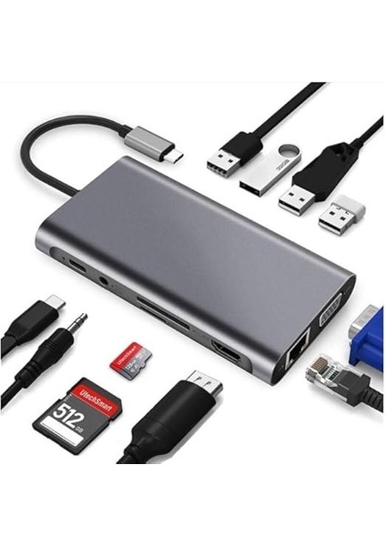 Type-C To HDMI Adaptör 11 In 1 Dört USB 3.0 Bağlantı Noktası 4K HDMI VGA Type C Pd Usb3.0 RJ45 Ethernet Sd Tf Kart Okuyucu 3.5mm Aux MacBook Pro Air Uyumlu modelleri