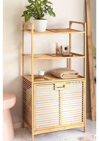 Bambu Xl Kirli Sepetli 3 Raflı Çok Amaçlı Banyo Düzenleyici Çamaşır Sepeti Organizer DB-0011