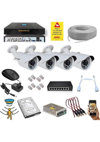 4 Kameralı Set - 5 Mp 1940P Sensör 6 Megapiksel Sony Lens Metal Kasa Ip Güvenlik Kamerası Seti