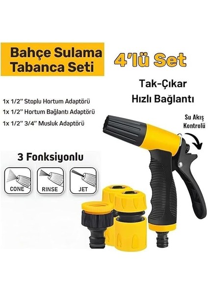 3 Fonksiyonlu Sulama Tabancası 4 Parça Set, Bahçe Sulama, Araç Yıkama, Dış Mekan Temizliği, Çok Amaçlı Yüksek Malzeme Kalitesi, Tak-Çıkar Hızlı Bağlantı Ayarlı Hortum Tabancası fiyatları