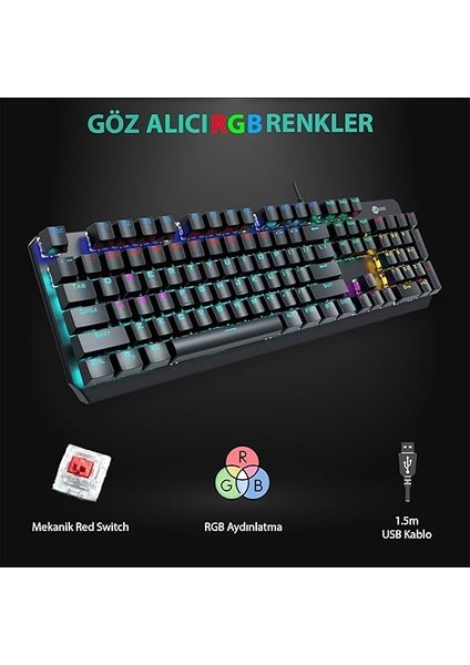 GK301 USB Kablolu Red Switch Mekanik Oyuncu Klavyesi - Makro Tuş Atamalı, Rgb LED Aydınlatmalı, Qwerty Türkçe Tuş Dizilimi, Gaming Türkçe Q Klavye Metalik Gri fiyatları
