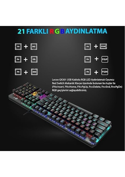 GK301 USB Kablolu Red Switch Mekanik Oyuncu Klavyesi - Makro Tuş Atamalı, Rgb LED Aydınlatmalı, Qwerty Türkçe Tuş Dizilimi, Gaming Türkçe Q Klavye Metalik Gri fırsatları