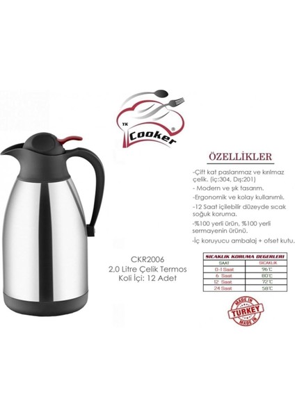 Çiftkatlı Çelik Termos 2 Lt fiyatları