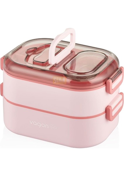 Bento 1000ML Lunchbox Çift Katlı 3 Bölmeli Çelik Sefer Tası Yemek Kutusu (Pembe)