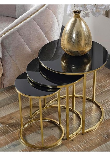 Lü Siyah Cam Gold Metal Zigon Sehpa