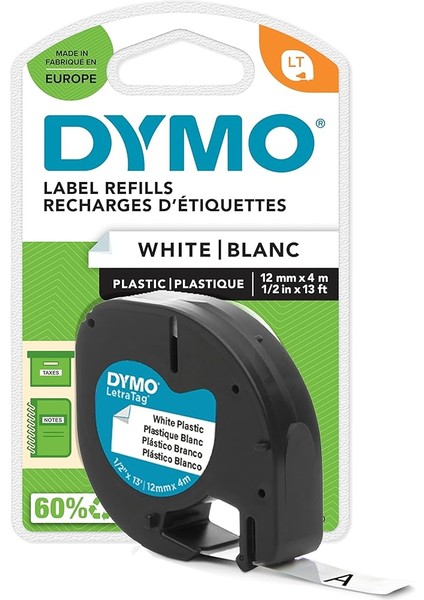 Letratag Plastik Şerit (12 mm x 4 Mt), Beyaz (59422)