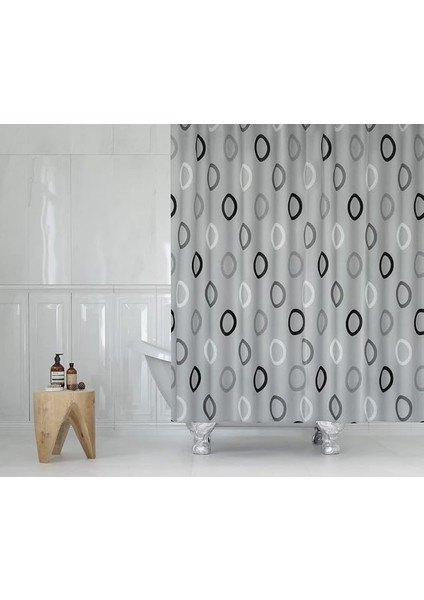 Gri Halkalı Duş Perdesi - 180X200 cm Banyo Perdesi - Tek Kanat Banyo Duş Perdesi - Polyester Kumaş Su Geçirmez Küvet Perdesi - Yıkanabilir Banyo Duş Perdesi