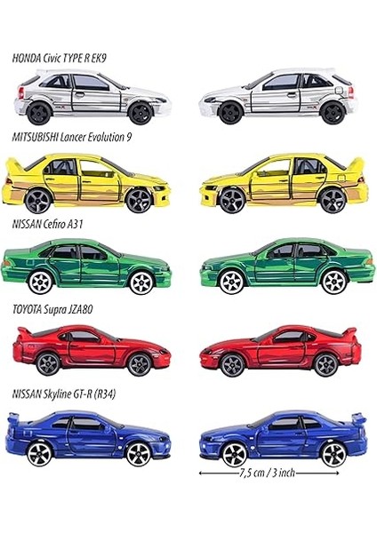 - Araç Seti Japon Serisi (5 Araba) - 5 Adet Metal Oyuncak Araba, Anime Tarzı, Her Biri 7,5 Cm, Koleksiyoncular ve 3 Yaşından Büyük Çocuklar Için, Serbest Hareket, Süspansiyon ve Açılacak modelleri